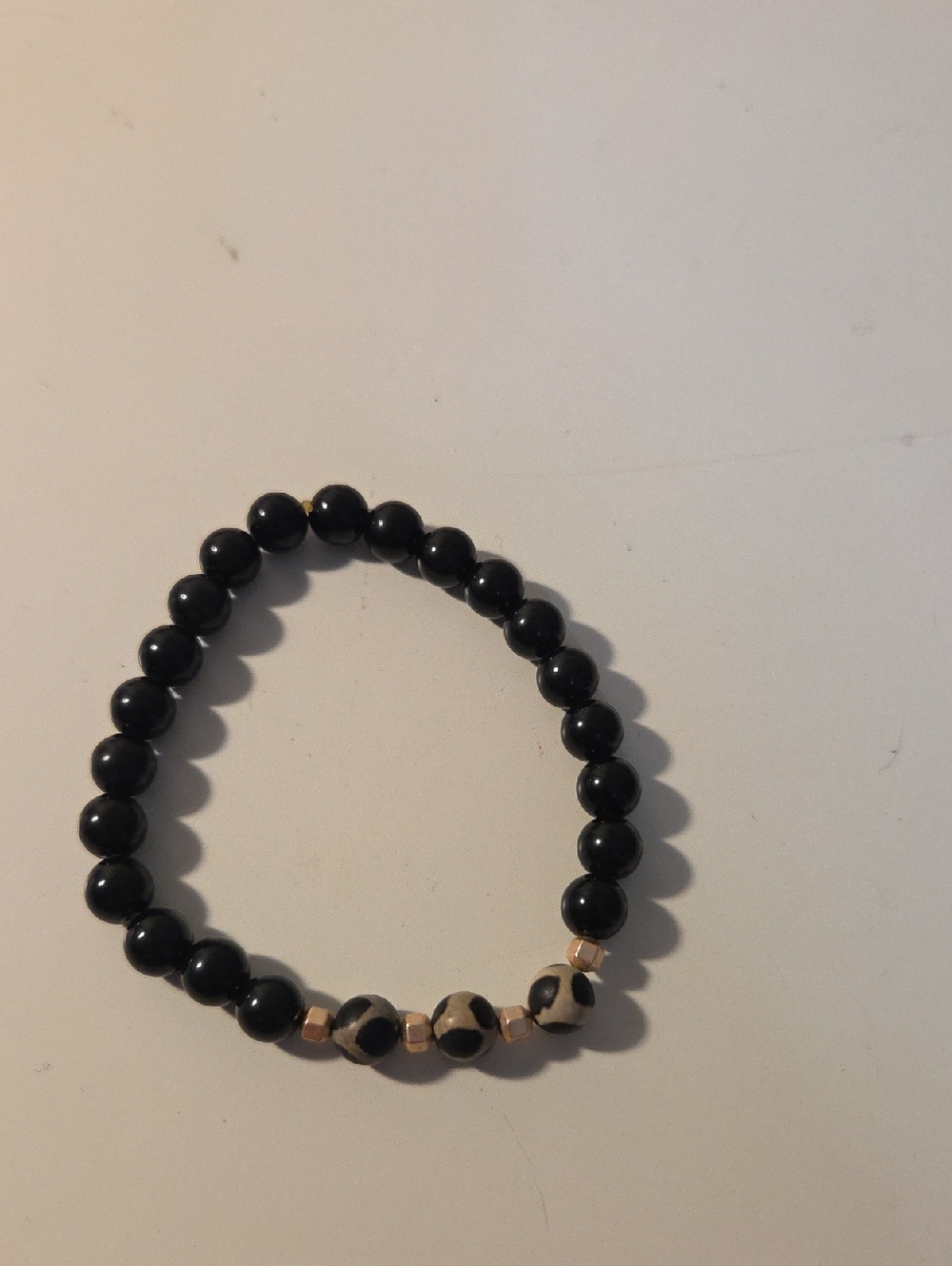 Black Beaded Stretch Bracelet with Leopard Accent Handmake